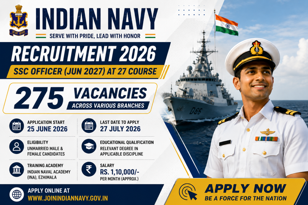Indian Navy SSC Officer Recruitment 2026 Jun 2027 (AT 27) Course Notification Out – Apply Online for 275 Posts